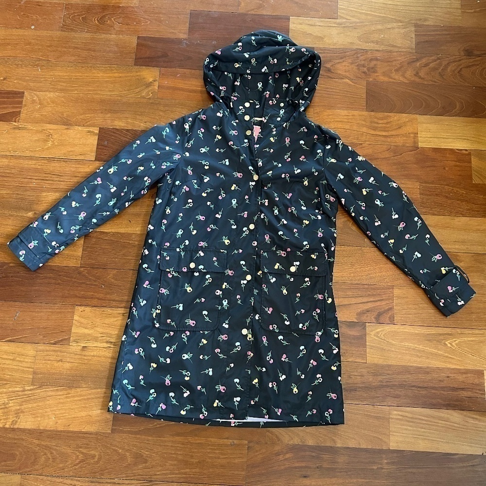 Kate Spade Womens Floral Raincoat Hooded Snap Closures Pockets Lined Sz Petite S